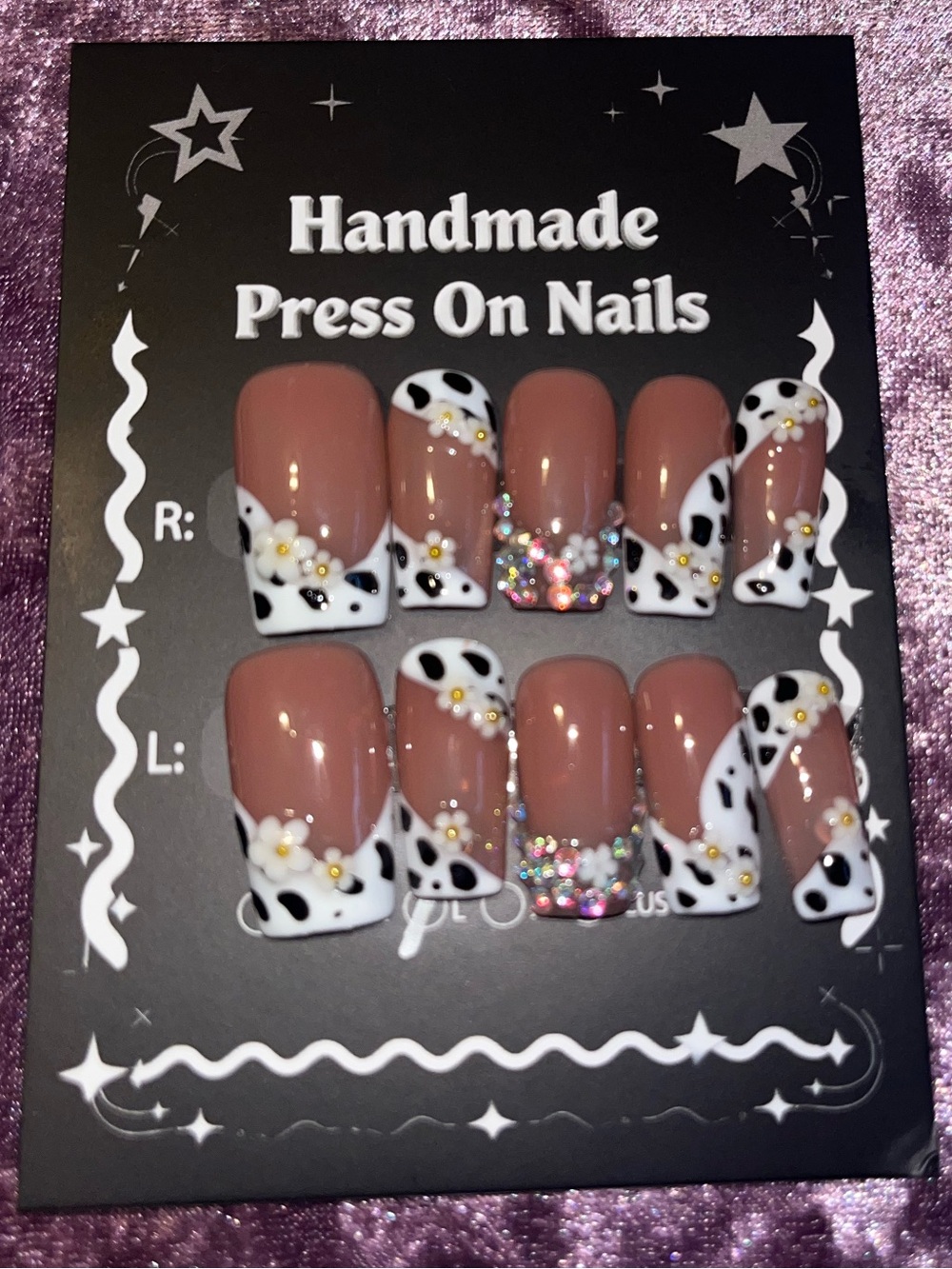 Handmade Press On Nails - Mauve Brown Daisy Cow Print Set